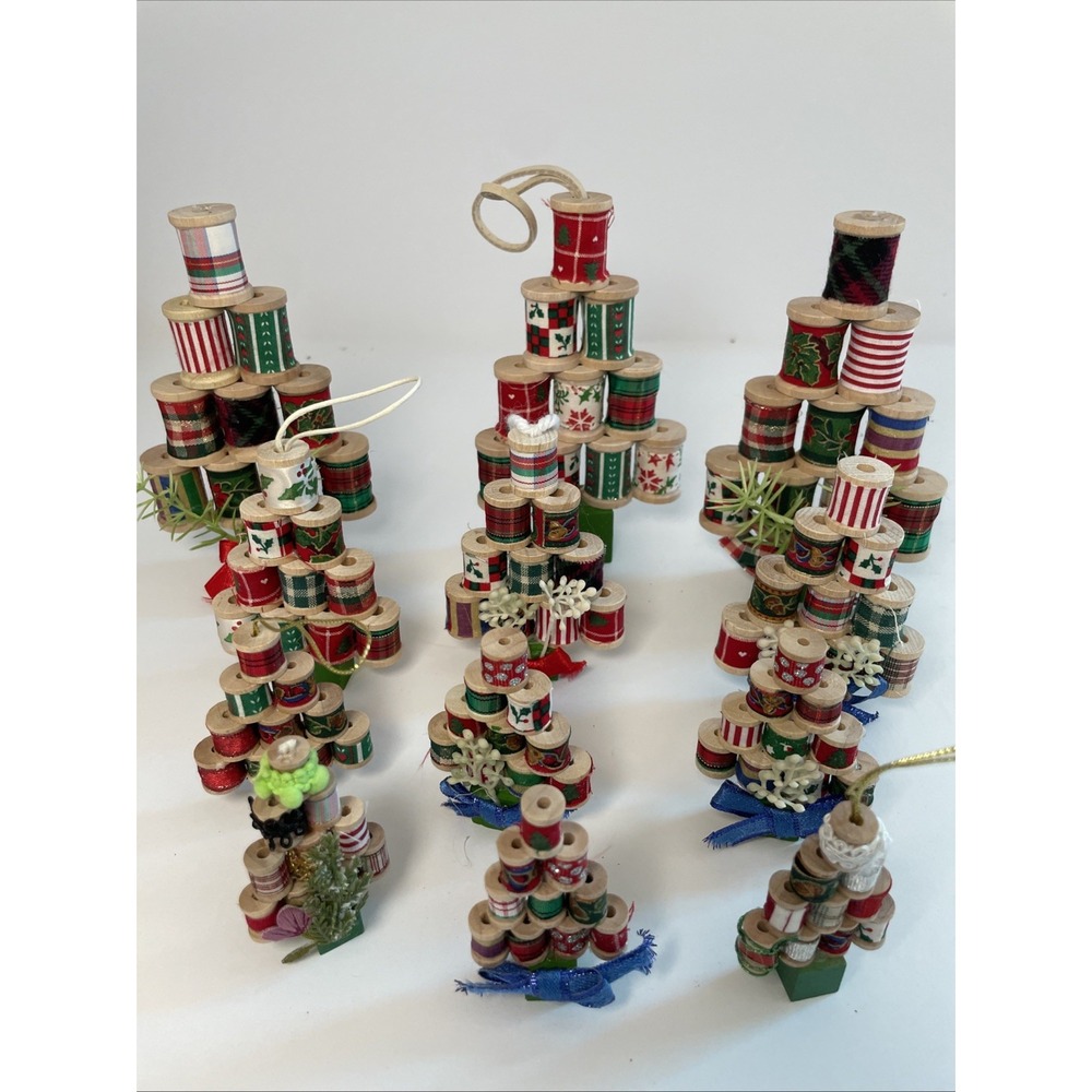 12 Christmas Tree Spool Ornament Quilter's Novelty Needle Thread Estate VTG